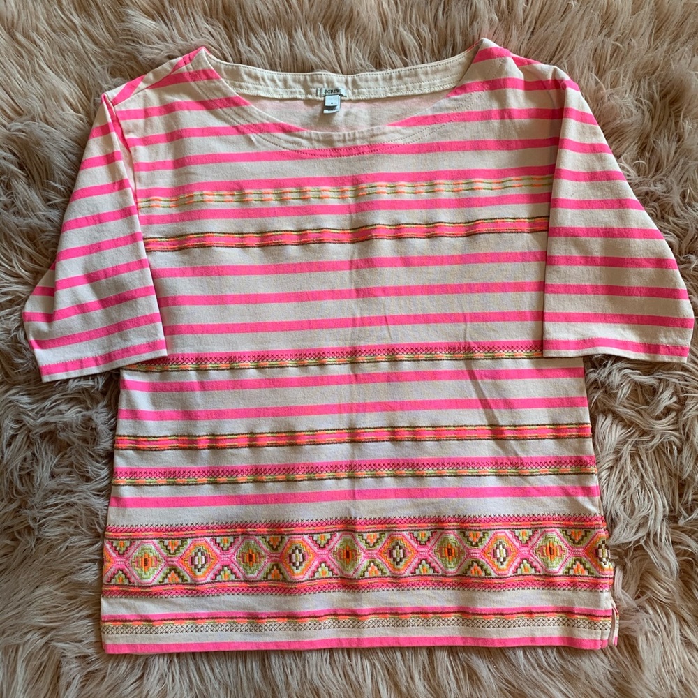 J. Crew Neon Pink Striped Embroidered Top Size Sm - Picture 1 of 5